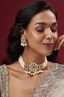 Gold Finish Kundan Polki & Pearl Choker Necklace Set