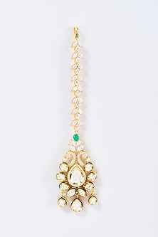 Gold Finish Kundan Polki & Green Stone Maangtikka