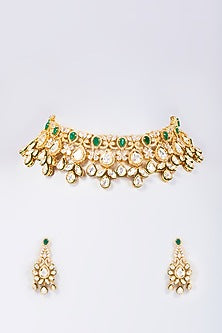 Gold Finish Kundan Polki & Green Bead Choker Necklace Set