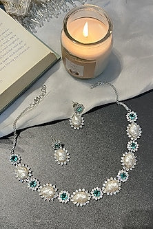 White Finish Green Zircon & Pearl Choker Necklace Set