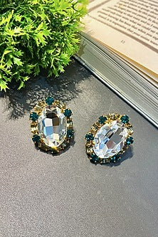 White Finish White & Green Swarovski Stud Earrings