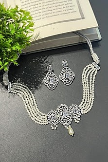 White Finish Zircon & Pearl Choker Necklace Set