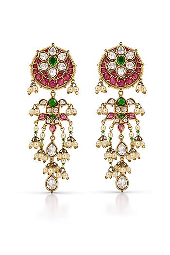 Gold Finish Multi-Colored Synthetic Stone & Pearl Dangler Earrings