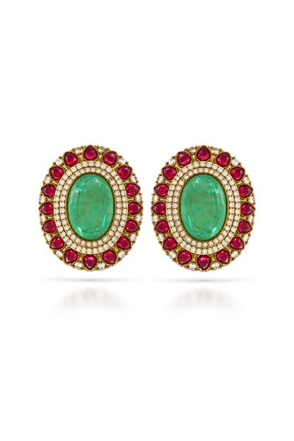 Gold Finish Emerald & Ruby Dangler Earrings