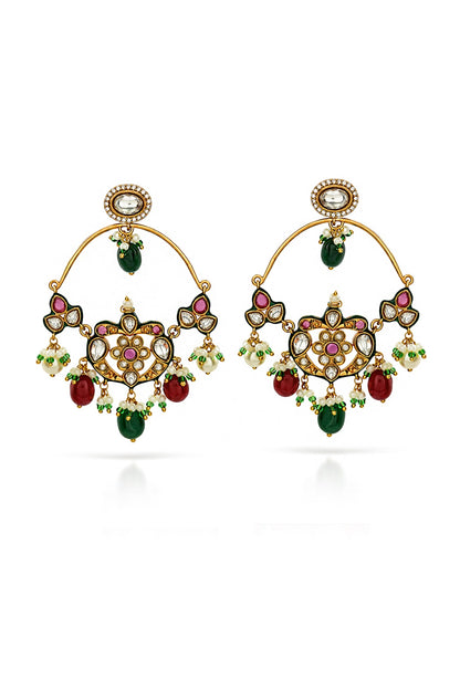 Gold Finish Kundan Polki & Ruby Chandbali Earrings