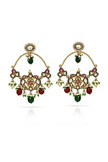 Gold Finish Kundan Polki & Ruby Chandbali Earrings