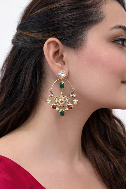 Gold Finish Kundan Polki & Ruby Chandbali Earrings