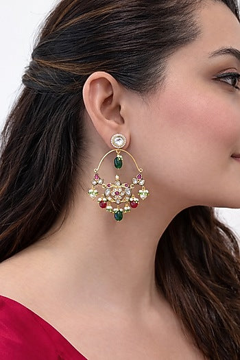 Gold Finish Kundan Polki & Ruby Chandbali Earrings