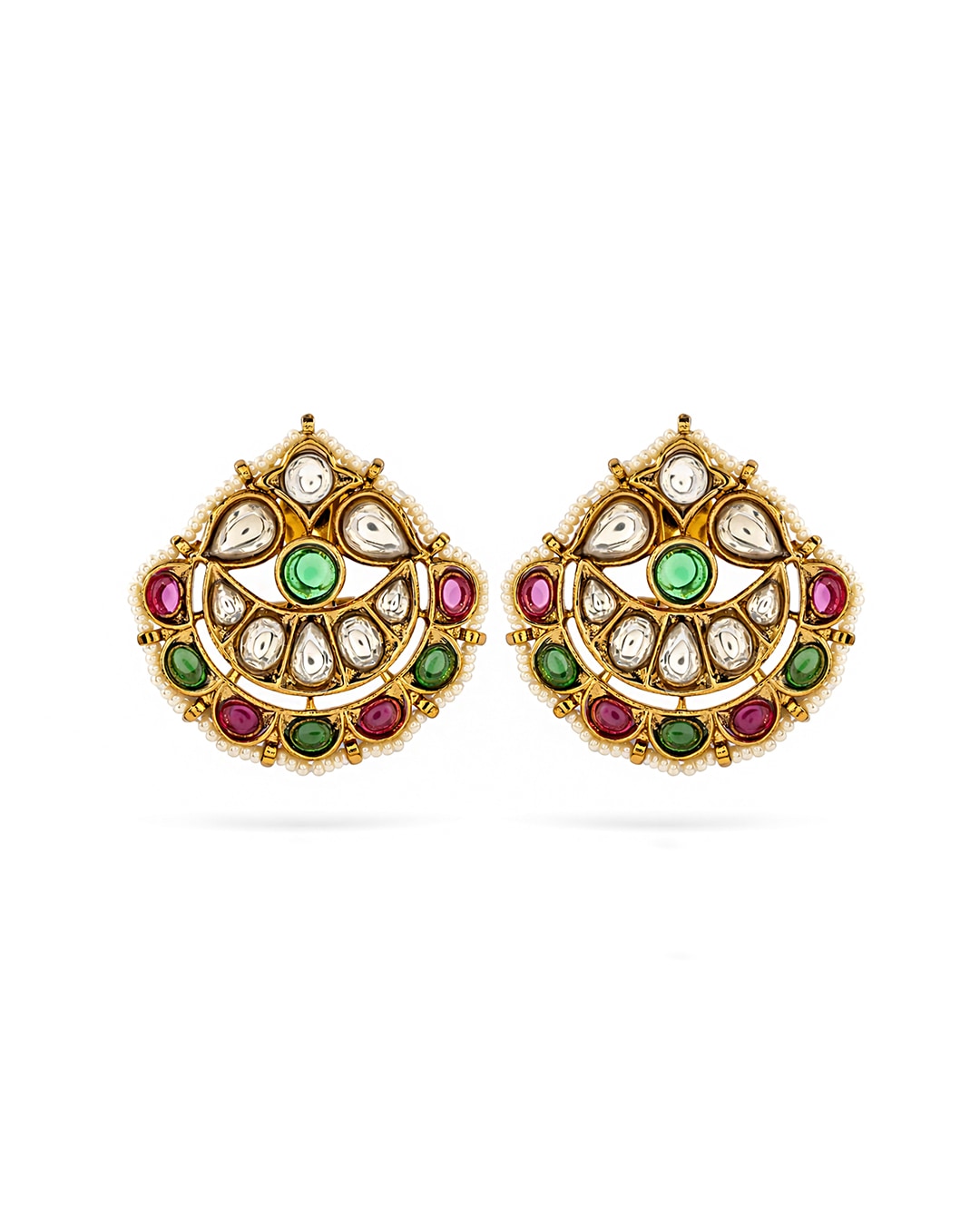 Gold Finish Kundan Polki & Pearl Stud Earrings