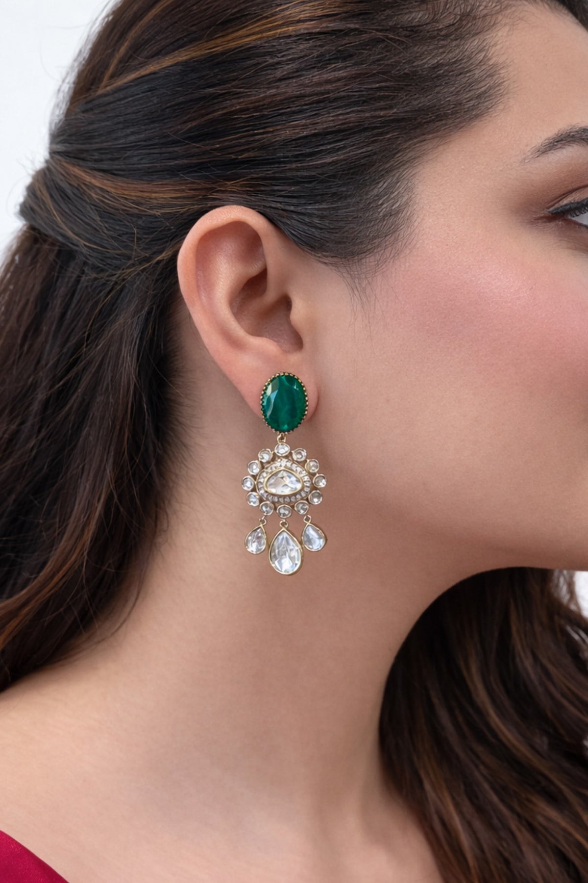 Gold Finish Emerald & CZ Dangler Earrings
