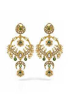 Gold Finish Emerald & Kundan Polki Chandbali Earrings