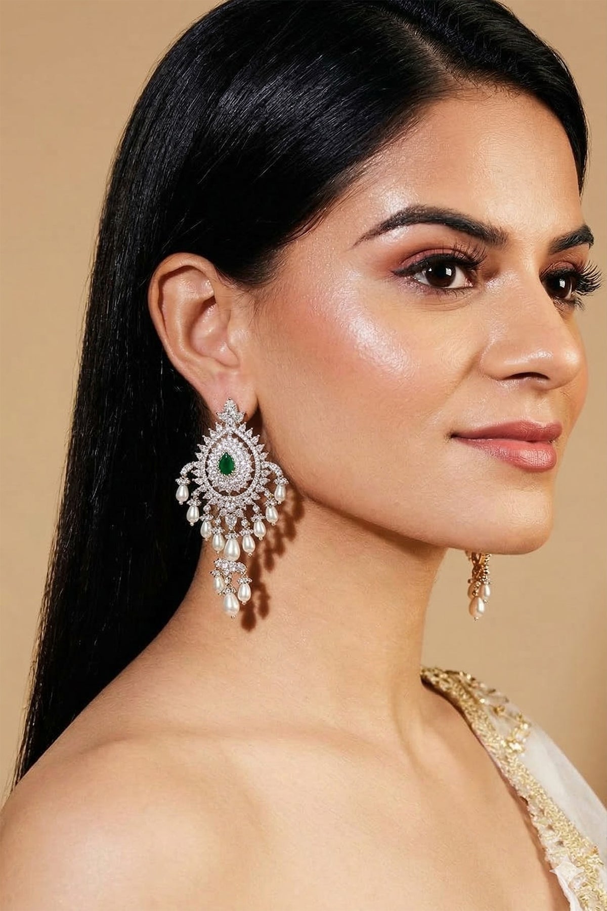 White Finish Pearl & Zircon Dangler Earrings