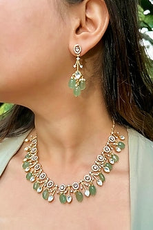 Gold Finish Jade Green Beaded & Kundan Polki Necklace Set