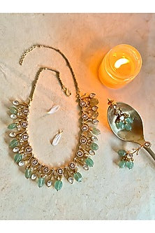 Gold Finish Jade Green Beaded & Kundan Polki Necklace Set