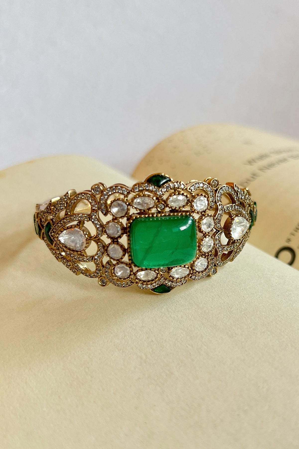 Gold Finish Kundan Polki & Green Motif Bangle