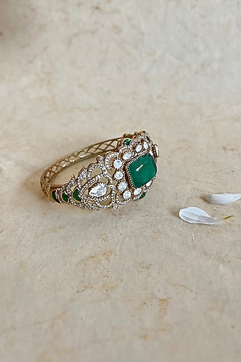 Gold Finish Kundan Polki & Green Motif Bangle