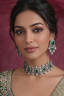 Black Rhodium Finish Zircon & Emerald Choker Necklace Set