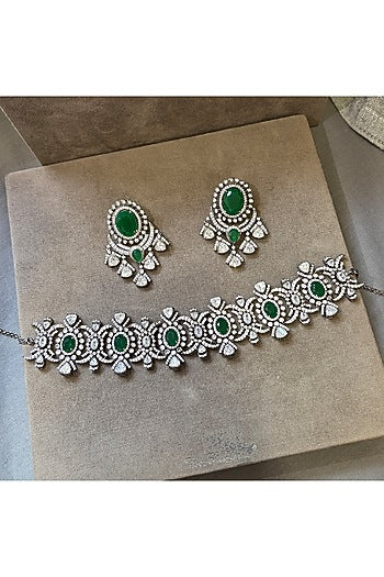 Black Rhodium Finish Zircon & Emerald Choker Necklace Set