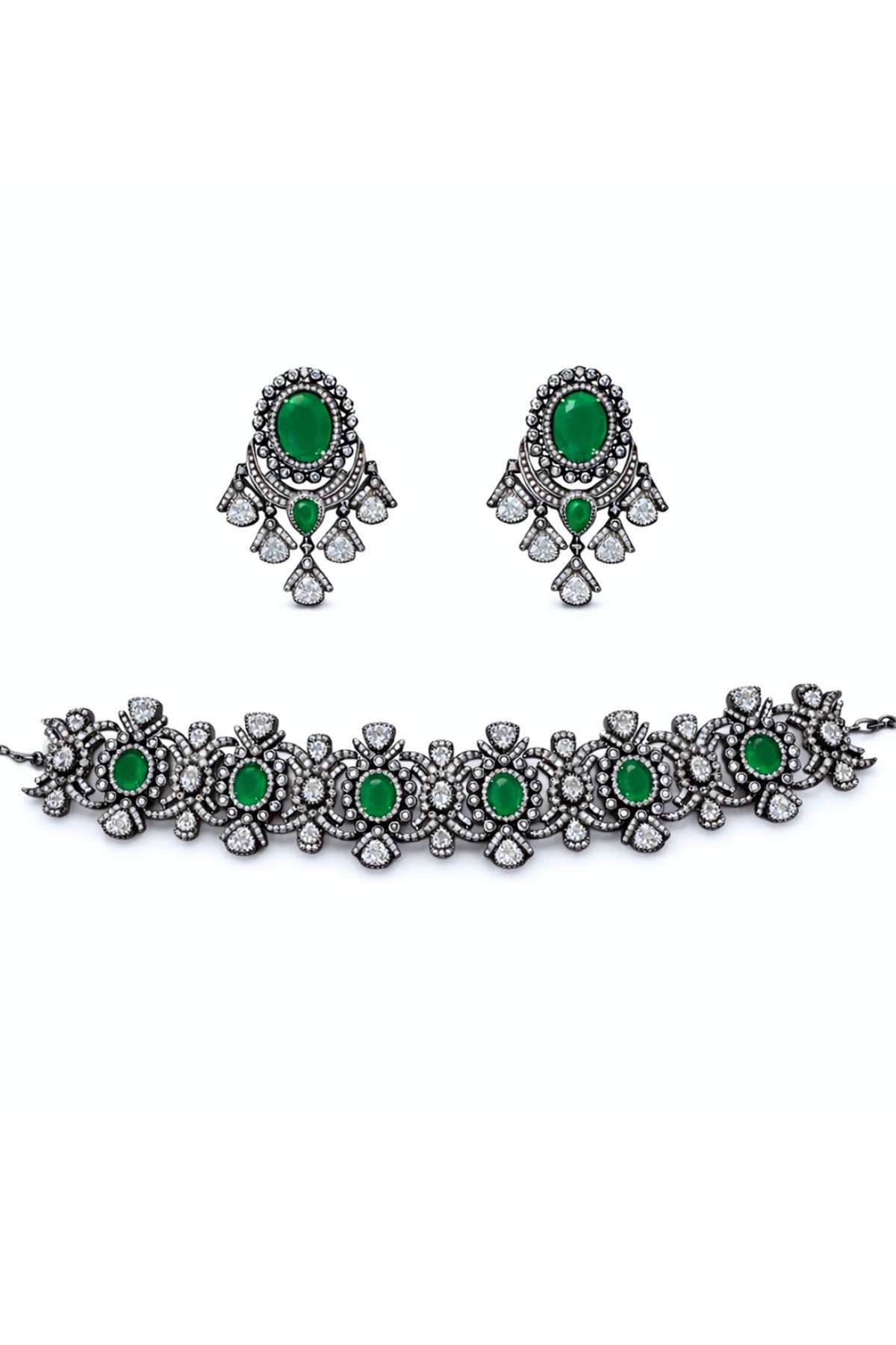 Black Rhodium Finish Zircon & Emerald Choker Necklace Set