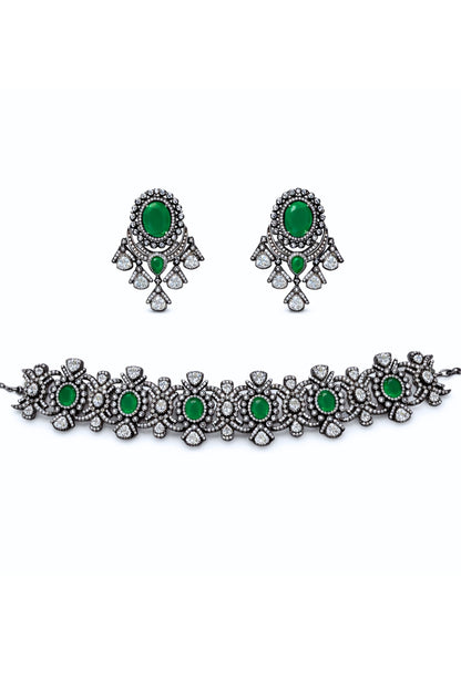 Black Rhodium Finish Zircon & Emerald Choker Necklace Set