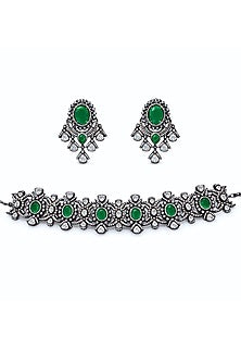 Black Rhodium Finish Zircon & Emerald Choker Necklace Set