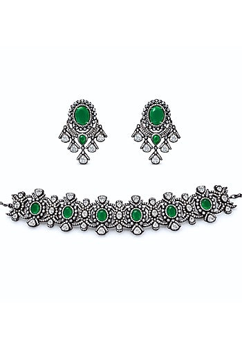 Black Rhodium Finish Zircon & Emerald Choker Necklace Set