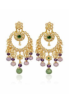 Gold Finish Crystal & Beaded Chandbali Earrings