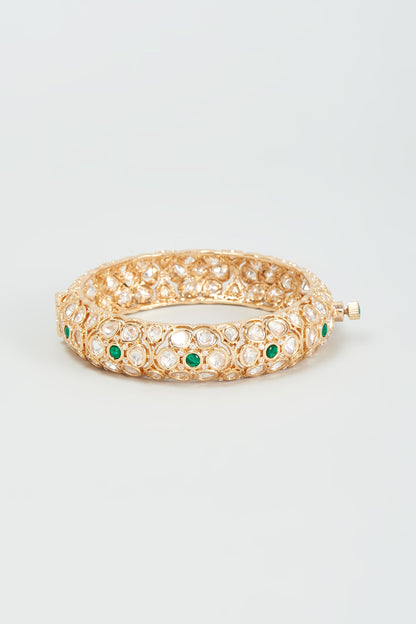 Gold Finish Kundan Polki & Emerald Stone Openable Bangle