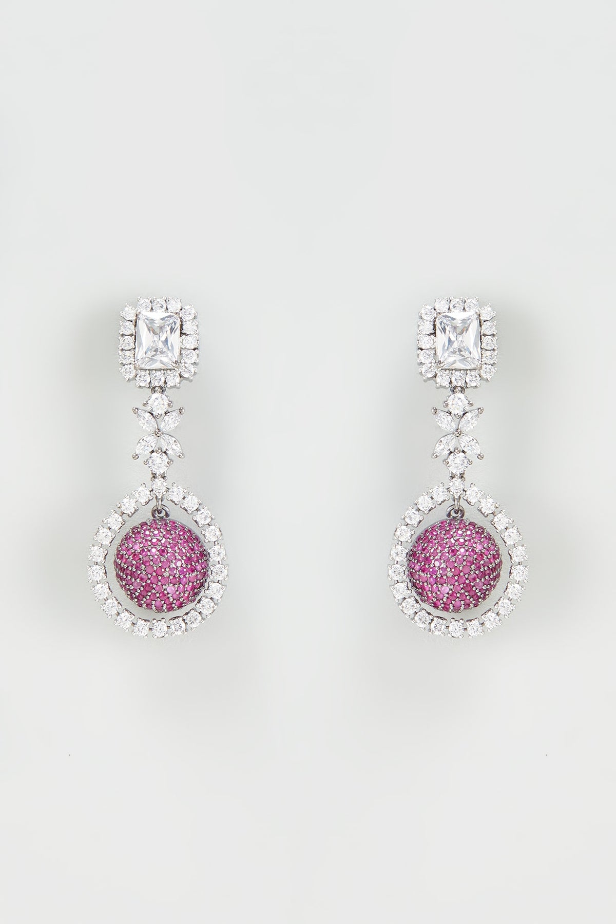 White Rhodium Finish Zircon & Ruby Stone Dangler Earrings