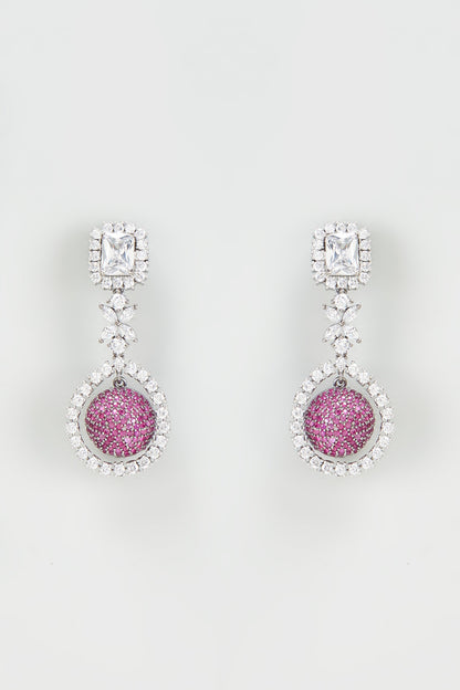 White Rhodium Finish Zircon & Ruby Stone Dangler Earrings