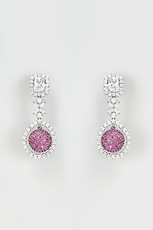 White Rhodium Finish Zircon & Ruby Stone Dangler Earrings