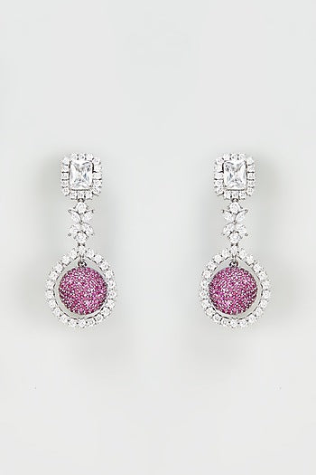 White Rhodium Finish Zircon & Ruby Stone Dangler Earrings