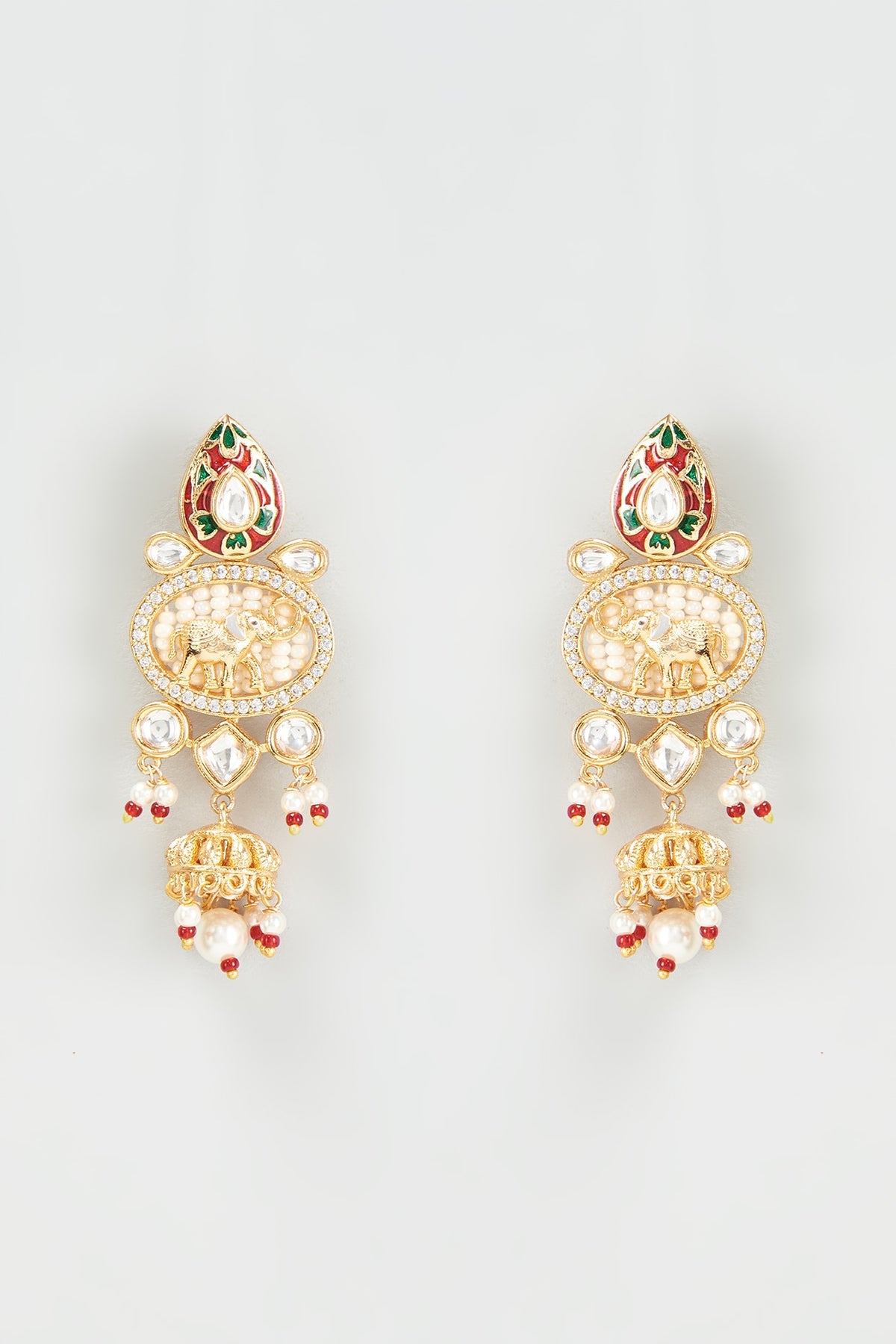 Gold Finish Pearls Red Enameled Dangler Temple Earrings