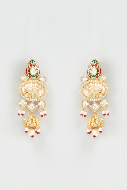 Gold Finish Pearls Red Enameled Dangler Temple Earrings