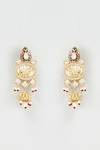 Gold Finish Pearls Red Enameled Dangler Temple Earrings
