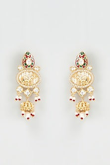 Gold Finish Pearls Red Enameled Dangler Temple Earrings