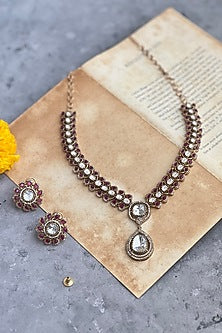 Gold Finish Kundan Polki & Red Stone Long Necklace Set