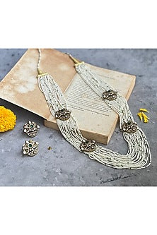 Gold Finish Kundan Polki & Pearl Long Necklace Set