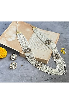 Gold Finish Kundan Polki & Pearl Long Necklace Set