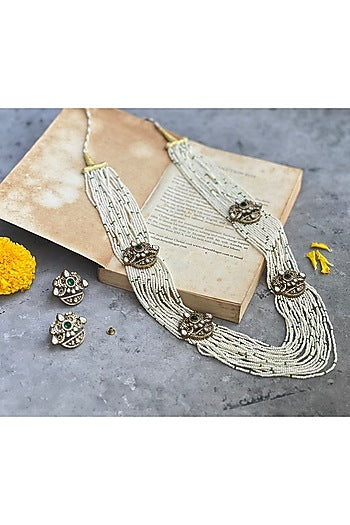 Gold Finish Kundan Polki & Pearl Long Necklace Set