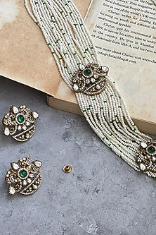 Gold Finish Kundan Polki & Pearl Long Necklace Set