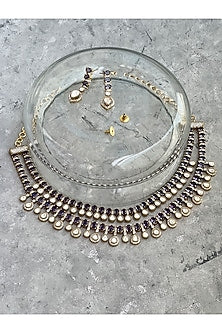 Antique Gold Finish Kundan Polki & Glass Amethyst Stone Long Necklace Set