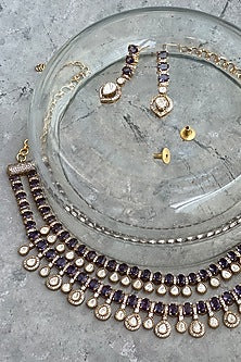 Antique Gold Finish Kundan Polki & Glass Amethyst Stone Long Necklace Set