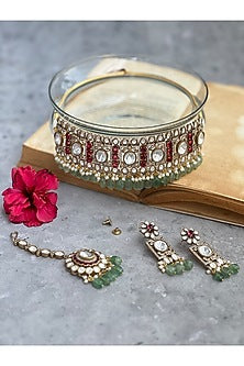 Gold Finish Kundan Polki & Red Stone Choker Necklace Set