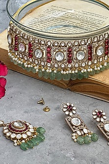 Gold Finish Kundan Polki & Red Stone Choker Necklace Set
