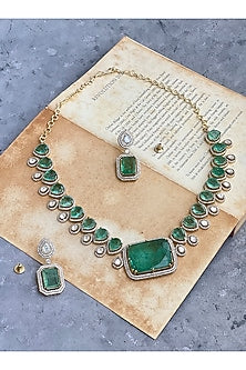 Gold Finish Kundan Polki & Aqua Stone Long Necklace Set