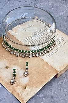 Gold Finish Kundan Polki & Green Stone Long Necklace Set