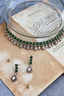Gold Finish Kundan Polki & Green Stone Long Necklace Set