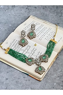 Gold Finish Kundan Polki & Jade Beads Choker Necklace Set