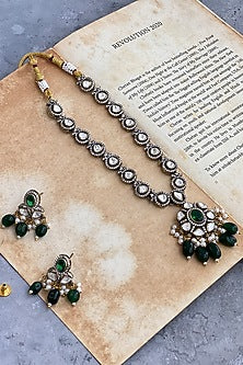 Gold Finish Kundan Polki & Green Beaded Long Necklace Set